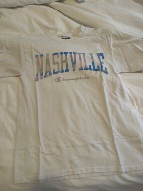 Champion White Tee with Pastel Nashville Graphic